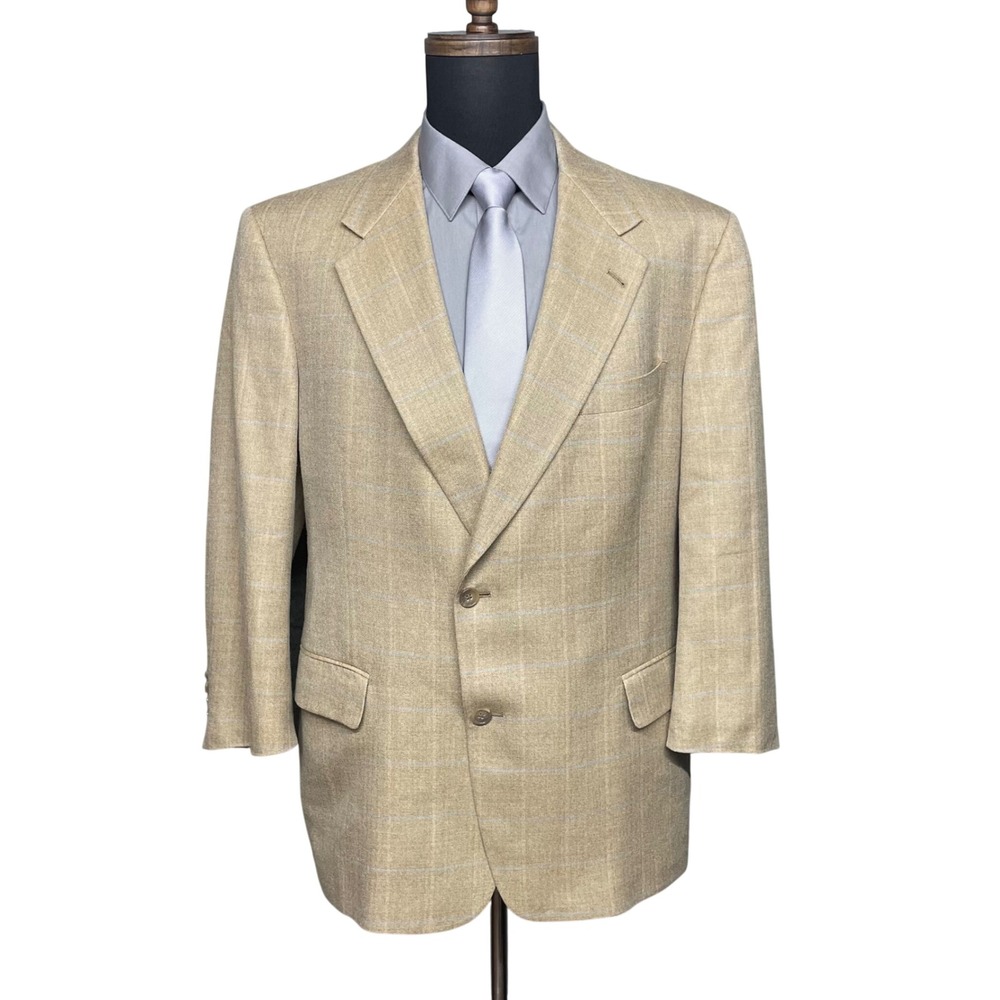 VTG Hart Schaffner Marx Gold Trumpeter Blazer Men 44S Tan Blue Windowpane USA